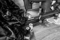 Monochrome still life with vintage sewing machine Royalty Free Stock Photo