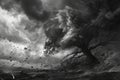 Monochrome Stormscape with Wind-Swept Tree and Debris, Dynamic Sky with Lightning, Artistic Concept Royalty Free Stock Photo