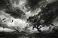 Monochrome Stormscape with Wind-Swept Tree and Debris, Dynamic Sky with Lightning, Artistic Concept Royalty Free Stock Photo