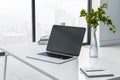 Monochrome style work place with black laptop monitor with copyspace on marble tabletop, glass vase with plant and city view from