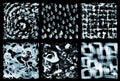 Monochrome swirls, spots and lattices on a black background. Set of abstract watercolor textures. Royalty Free Stock Photo