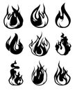 Monochrome symbols of flame. Vector black icons isolate on white