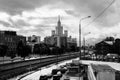 Monochrome urban landscape. View of the river Yauza and its embankments on rainy day, Moscow, Russia.