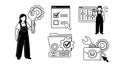 Monochrome vector art of female and male technicians holding wrench and gear tools with web interface icons and settings controls Royalty Free Stock Photo
