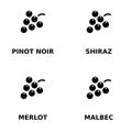 Monochrome vector graphic set of the symbol on the back of a wine bottle to show the grape that was used in the fermentation