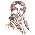 Monochrome vector hand-drawn image, shocked young woman. Artistic illustration of amazed girl holding her hand close to mouth.