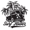 Monochrome vector illustration on theme of surfing with three palm trees