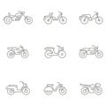 Monochrome vector set with different types of motorcycles and mopeds