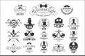 Monochrome vector set of stylish emblems for gentleman club. Vintage labels with silhouettes of men, smoking pipes