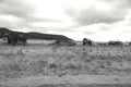 Monochrome view of old farm machinery