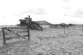 Monochrome view of old farm machinery