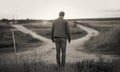 Monochrome view of person facing fork in the road outdoors Royalty Free Stock Photo