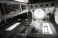 Black and white view of sun beams from window inside orthodox church