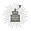 Monochrome vintage coffee grinder silhouette with lettering for menu, coffee shop logo or label, poster, t-shirt print. Royalty Free Stock Photo