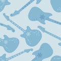 Monochrome winter seamless pattern with blue snowflake finish guitar silhouettes. Vector