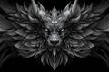 Monochrome wolf head with geometric feather-like design, intense gaze, dark background Royalty Free Stock Photo