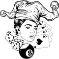 Monochrome woman Joker with card, eight ball and dice. vector illustration on white background Royalty Free Stock Photo