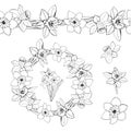 Monochrome wreath, endless brush, buds and bouquet of spring flowers with leaves isolated on white background. Hand drawn sketch.