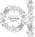 Monochrome wreath and endless brush with rose flowers with leaves and twirls isolated on white background. Hand drawn ink sketch.