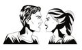 Monochrome young couple angry characters pop art style