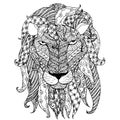 Monochrome zentangle style sketch of lion head with lush mane design element