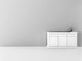 Monochromic room interior with white sideboard, chest of drawers.