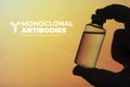 Monoclonal antibodies concept image: silhouette of a man holding a vial on gradient yellow and orange background