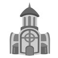 Monocrome grey monastery or church with extensions on the sides and a bell tower with windows and a large door under a brick cross Royalty Free Stock Photo