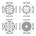 Monocrome outline hindu yantra illustrations set