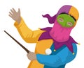 Monocuco character from Barranquilla`s Carnival pointing with its totumo`s rod, Vector illustration