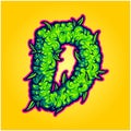 Monogram alphabet letter D with hemp buds texture illustrations