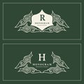 Monogram design elements, graceful template. Calligraphic elegant line art logo design. Capital Letter emblem sign R, H for Royalt