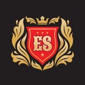 Monogram E & S initial letters - concept logo template design. Crest heraldic luxury emblem. Red shield, golden leaves and crown