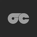 Monogram initials OC or CO letters logo, parallel black and white thin lines, overlapping two letters C and O together, chain