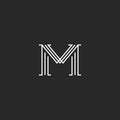 Monogram letter M logo mockup, thin line decoration hipster initial, outline black and white graphic wedding invitation emblem