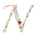 Monogram letter N made of watercolor floral. Hand drawing illustration. Vector EPS.