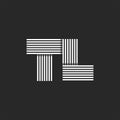 Monogram logo TL or LT letters Initials creative black and white parallel thin lines minimal style, two overlapping letters T and