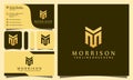 Monogram M shield luxury logos design vector illustration with line art style vintage, modern company business card template Royalty Free Stock Photo