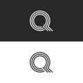 Monogram Q logo letter black and white typography design, parallel thin lines for circle shape, stylish minimalist emblem for