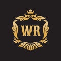 Monogram WR letters - concept logo template design. Crest heraldic luxury golden emblem. Initial W & R. Vector illustration