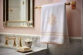 a monogrammed guest towel hanging on a decorative nail in a guest bathroom