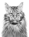 Monohrome handdrawing portrait of a Maine Coon cat. Pet on white.