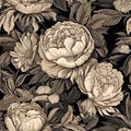 Monohrome vintage seamless pattern. Blooming peonies with leaves on black background.