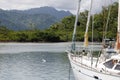 Monohull Yacht Sailboat docked in Fiji Savusavu bay slip. Royalty Free Stock Photo