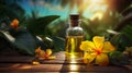 Monoi de Tahiti essential oil in a bottle. Generative AI, Royalty Free Stock Photo