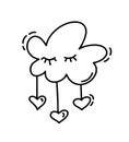 Monoline cute cloud with hearts. Vector Valentines Day Hand Drawn icon. Holiday sketch doodle Design element valentine