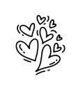 Monoline cute different size hearts. Vector Valentines Day Hand Drawn icon. Holiday sketch doodle Design element