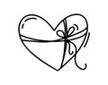 Monoline cute heart with rope and bow. Vector Valentines Day Hand Drawn icon. Holiday sketch doodle Design element