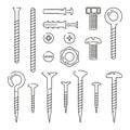 Monoline pictures of bolts, nuts, nails and screws. Vector illustrations set Royalty Free Stock Photo