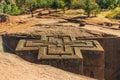 Monolithic church of Saint George Bet Giyorgis in Amharic Royalty Free Stock Photo